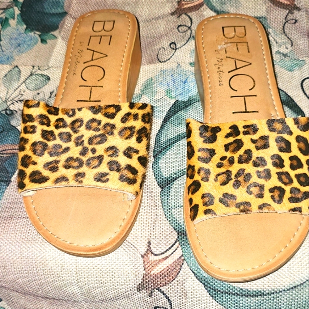 Brown and Tan Leopard Print Sandals with Flat Sole